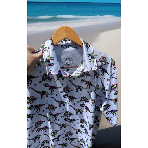 Proud 90 Golf Is Fun Dinosaur Polo Shirt Performance Colorful Fun Mens Size XL - Picture 1 of 11